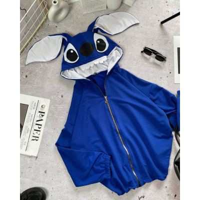 ZipHug Stitch Ears 1530-218 — оверсайз зіп‑худі на блискавці з двухнитки люкс, колір електрик