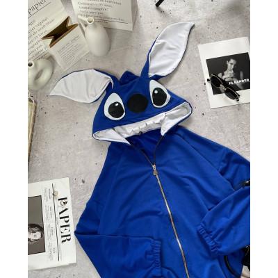 ZipHug Stitch Ears 1530-218 — оверсайз зіп‑худі на блискавці з двухнитки люкс, колір електрик