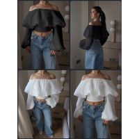 Блузка рубчик+шифон 817-341 ДуоШарм чорно-біла oversize