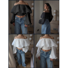 Блузка рубчик+шифон 817-341 ДуоШарм чорно-біла oversize