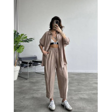 Лляний бохо костюм з подовженою oversize сорочкою та комфортними штанами 878-343, кольори чорний темно-синій беж мокко олива
