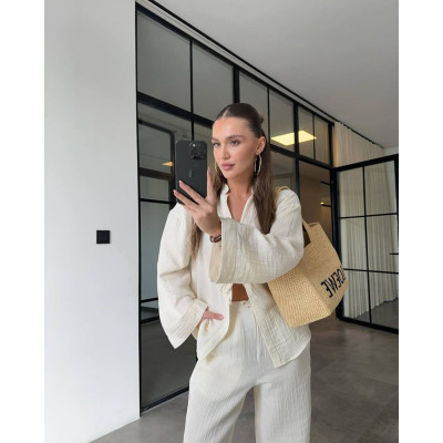 Літній мусліновий костюм style 878-379 — 100% бавовна, базовий комплект (барбі, блакитний, жовтий, беж, оливка, молоко)