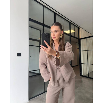 Літній мусліновий костюм style 878-379 — 100% бавовна, базовий комплект (барбі, блакитний, жовтий, беж, оливка, молоко)
