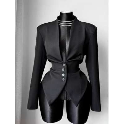 Піджак-на-зав’язках з плічиками з костюмної тканини Milk Black 4959-582 — молочно‑чорний, з поясом для регулювання посадки