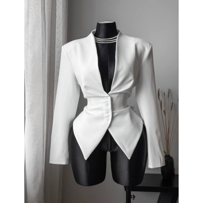 Піджак-на-зав’язках з плічиками з костюмної тканини Milk Black 4959-582 — молочно‑чорний, з поясом для регулювання посадки
