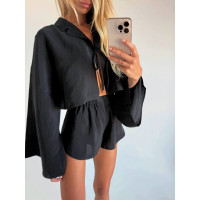 Жіночий костюм із штапелю шовк BlackLuxe 4959-0560 чорний комплект сорочка на зав’язках і шорти вільного крою на резинці не мнеться