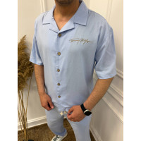Чоловічий лляний casual-комплект блакитний або мокко 1464-533ТН Premium Collection сорочка вільного крою та штани на резинці з вишивкою