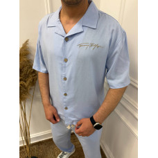 Чоловічий лляний casual-комплект блакитний або мокко 1464-533ТН Premium Collection сорочка вільного крою та штани на резинці з вишивкою