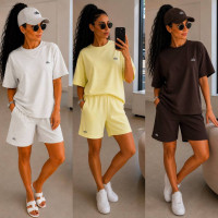 Літній oversize костюм двійка з двохнитки люкс 771-2014 футболка+шорти у кольорах сірий лимонний шоколад червоний блакитний для прогулянок