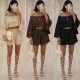 Костюм-двійка з американського крепу жатка 6220-4309 Noir Choco Beige Sky Pink (чорний, шоколад, беж, блакитний, рожевий)