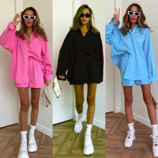 Лляний літній костюм-двійка Oversize сорочка + шорти на резинці 6220-843 у кольорах блакитний, рожевий, чорний, лимонний, шоколад