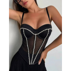 Корсет 1545-006 Silhouette Hourglass з легкої сітки та атласу з перлинами і камінням, колір шампань або чорний