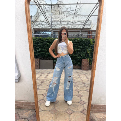 Джинси палаццо Turkish Denim з розрізами — стильні широкі жіночі джинси з високою посадкою