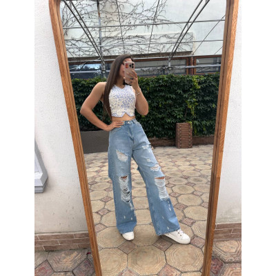 Джинси палаццо Turkish Denim з розрізами — стильні широкі жіночі джинси з високою посадкою