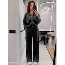 Велюр-плюш костюм двійка 5-10548 PlushVelour HoodieZip з капюшоном і брюками кльош, кольори молочний рожевий лимонний блакитний моко шоколад графіт чорний