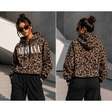 Худі NIRVANA 1550-300 Leopard Accent з трьохнитки на флісі, леопардовий принт, вільний крій з об’ємним капюшоном і куліскою по низу