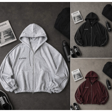 Зіп-худі оверсайз 1456-209 DoubleHood з якісної двонитки, принт, кольори чорний бургунді меланж