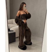 Турецький махровий костюм трійка 1492-1263 Mocha Milk Velvetline топ-бандо, кофта на блискавці та штани
