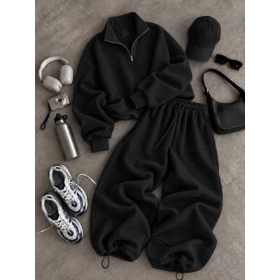 Теплий оверсайз костюм FlexFleece 1456-221 чорний/сірий — трьохнитка на флісі з рібаною, світшот і штани на затяжках