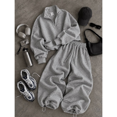 Теплий оверсайз костюм FlexFleece 1456-221 чорний/сірий — трьохнитка на флісі з рібаною, світшот і штани на затяжках