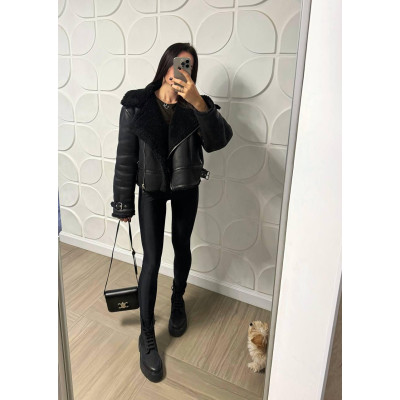 Елегантна Дублянка з еко хутра та еко шкіри - модель 4959-611 в чорному кольорі