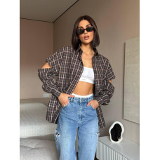 Сорочка жіноча клітинка з рваними рукавами (oversize) Модель: 1425-1059 Колір: шоколад, світлий беж